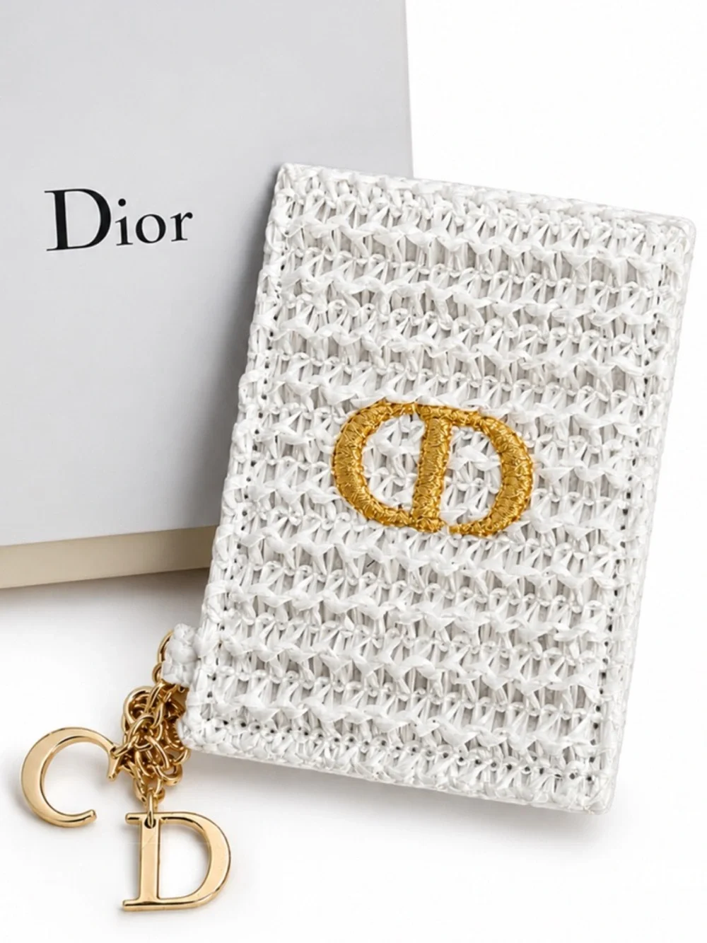 Dior White Raffia Mirror with “CD” Charms